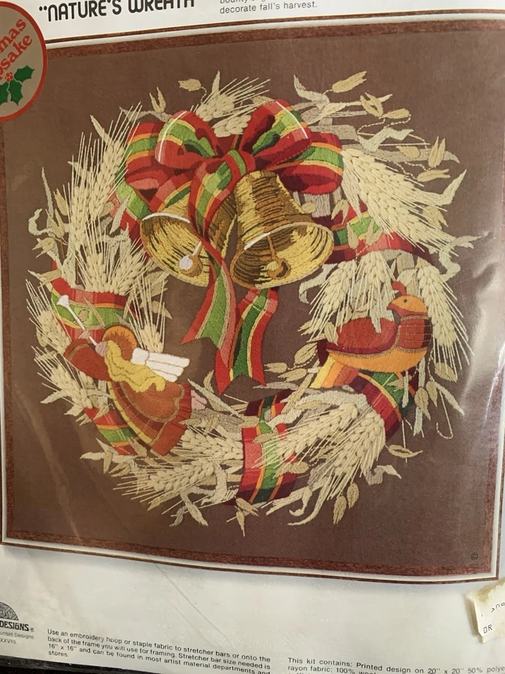 VTG NOS Embroidery Sunset Stitchery Natures Wreath Christmas Keepsake #2080 70’s - Image 2 of 4