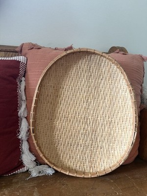 Vintage Woven Ratan Bamboo Winnowing Basket Tray Boho Wall Decor Oval 17x14 COOL