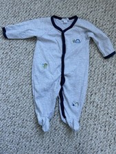 Kissy Kissy grey and white stripe sleeper navy trim with dinosaurs 6-9 months