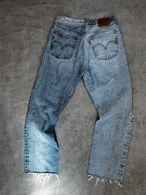 Levis 501 Premium Big E Jeans Damen W28 L30 Straight Blue Cut Off Hose Hellblau
