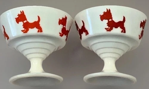 Scottie Dog MCM White Milk Glass Hazel Atlas Kitsch White Red Cup 1950 VTG Pair