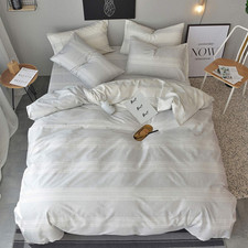 Duvet Cover Set King Size 100 Cotton White/Light Gray Printed Striped Style Rev