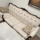 Traditional Beige Tufted Sofa Set, Floral Fabric, Wood Trim, Rolled Arms — photo 4