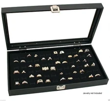 Novel Box Glass Top Black Jewelry Display Case With 72 Black Foam Ring Insert