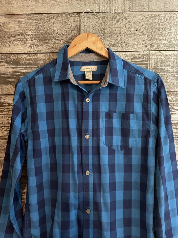 Camisa jeans Calvin Klein xadrez manga longa gola alta azul meninos L 14-16 - Imagem 3 de 4