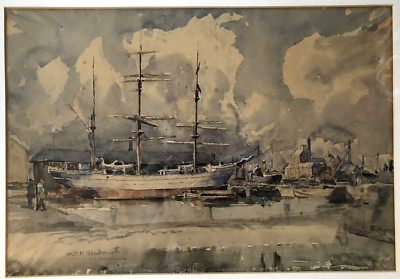 William T. Martin Hawksworth (1853-1935) - Aquarell, Segelboot, Fluss, Dock