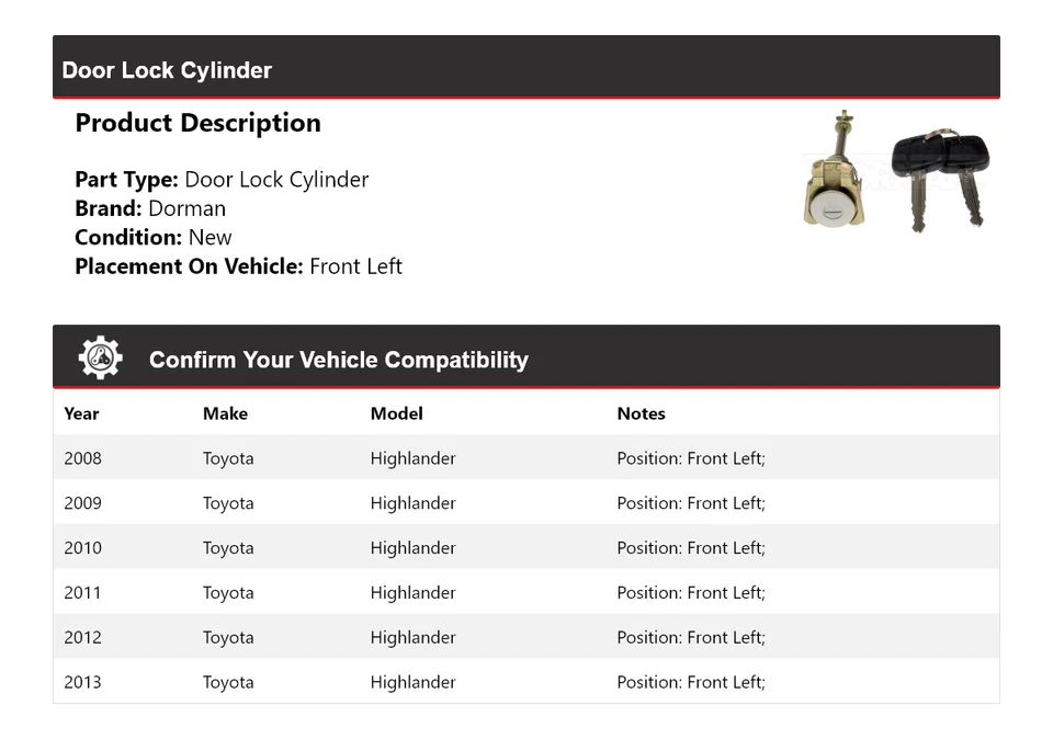 Цилиндр переднего левого дверного замка для Toyota Highlander Dorman 2008-2013 годов выпуска 2009 2010 годов выпуска - Изображение 2 из 4