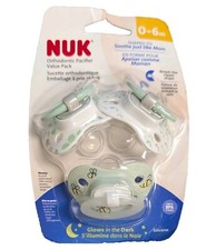 NUK Orthodontic Pacifier Value Pack 0-6m Green NEW Glows In The Dark