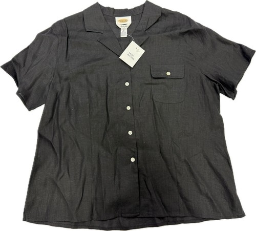 Talbots Vintage Black Irish Linen Short Sleeve Button Up Collared Shirt 18 NEW