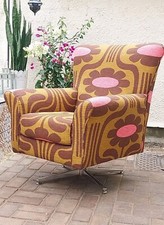Unique Designer Funky Swivel Egg Chair-Newly Reupholstered Orla Kiely  Fabric.
