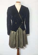 Vintage 1980s Party Dress Ricki Lang Nuit Black Velvet Gold Sz S Faux Button Top