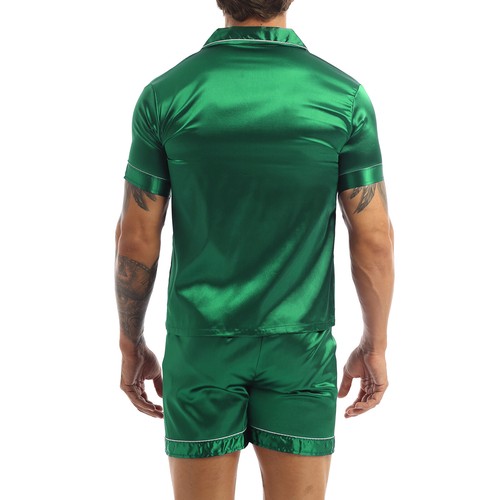 Herren Seide Satin Pyjama Set Shorts Hemd Nachtwäsche Lounge Nachtwäsche Hemd Outfit - Bild 12 von 58