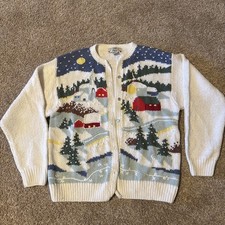 Winter Town Vintage Orvis 3D Cardigan 90s Embroidered Snow Town Village Sweater