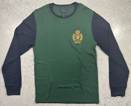 Polo Ralph Lauren Nachtwäsche Hemd Herren Medium Grün Blau Waffel Wappen Patch Logo - Bild 1 von 7