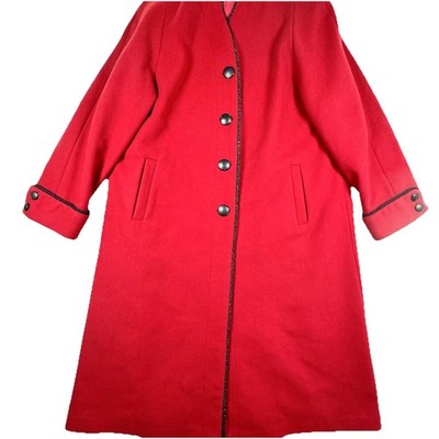 Vintage JLD Long Coat Womens 12 Petite Red Wool Stand Collar Piped Trim Made USA