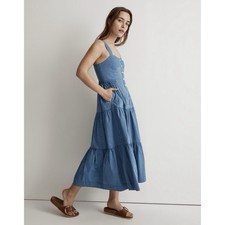 Madewell Button-Front Tiered Cotton Midi Dress in Stripe Blue Women’s 10