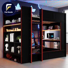 Full Size Wood Gaming Bunk Bed Gaming Loft Bed with Desk, Storage Shelves