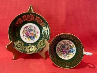 Antique Paragon Hand Decorated Emerald Floral Bouquet Tea Cup and Saucer