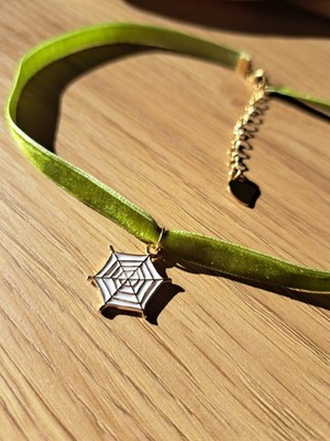Green Velvet Spider Web Choker, Adjustable Gothic Halloween Necklace
