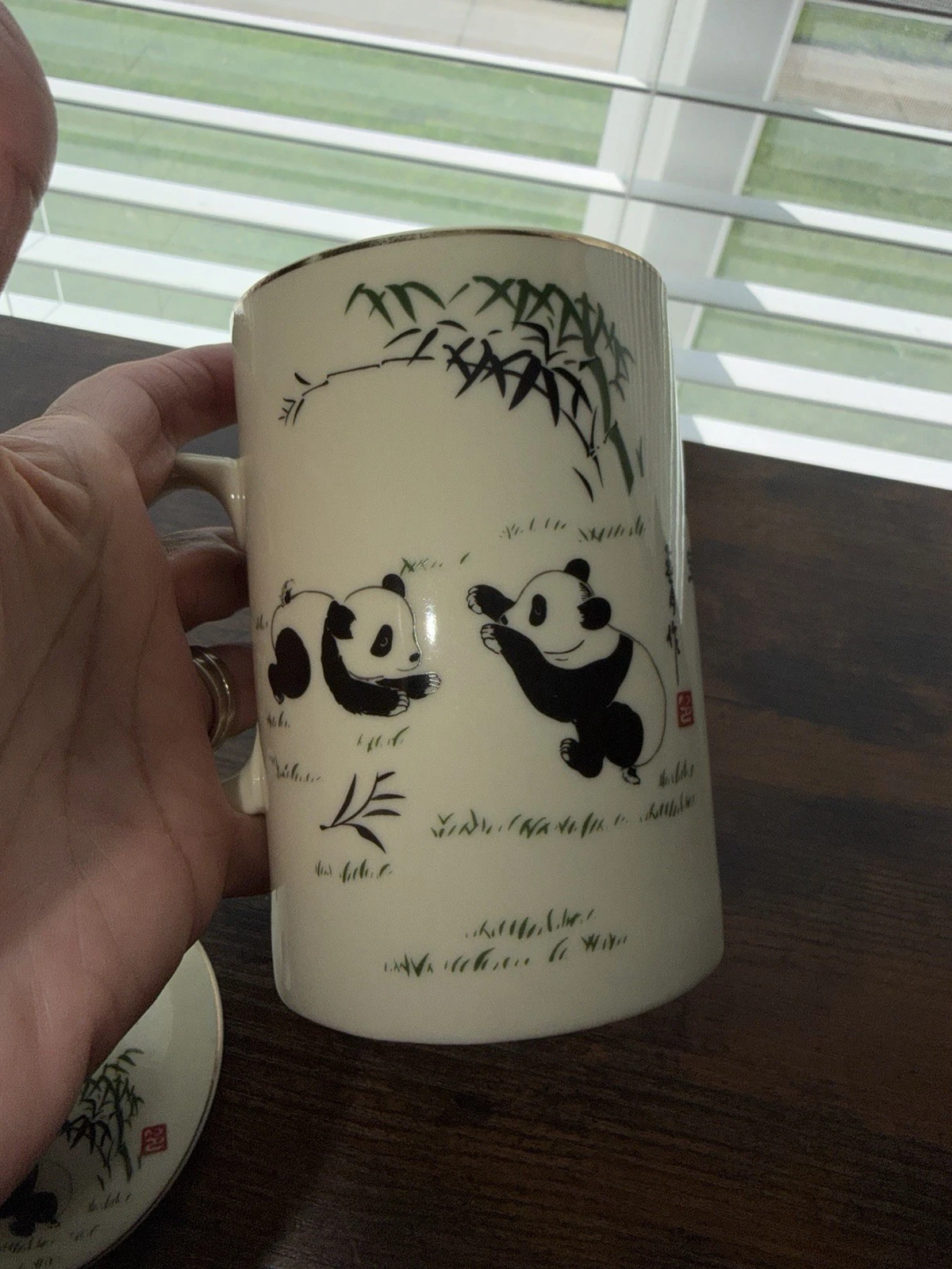 World Market 3pc Panda Bamboo Tea Mug W/ Loose Leaf Tea Infuser Strainer & Lid