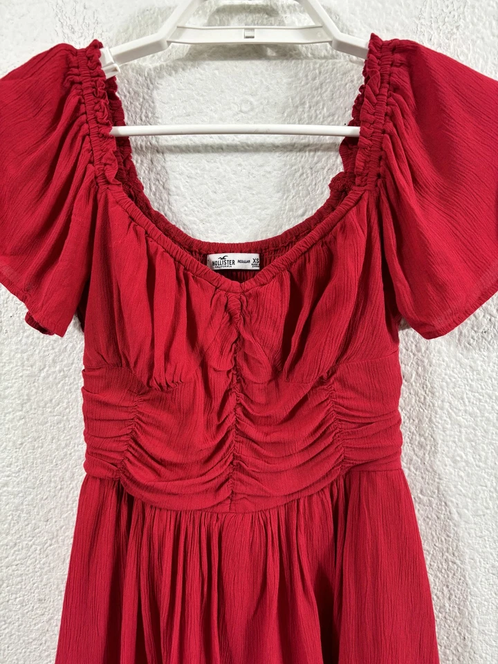 Hollister Romper Womens XS Red Milkmaid Ruched Smocked Flutter Sleeve Shorts - Image 2 of 4