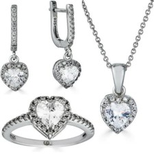 Real 925 Silver Heart Shaped CZ Ring Pendant Necklace Earrings Jewelry Set Women