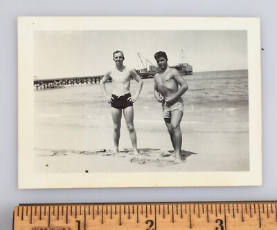 Vintage Photo Snapshot Two Muscle Men At Beach One is Really Sucking It In