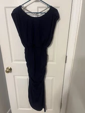 NWT Anrabess Womens Navy Blue Ruched Long Maxi Dress Chain Accent Size S