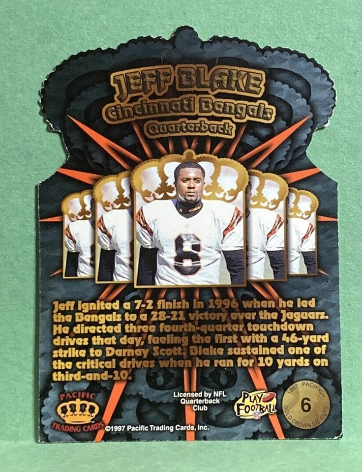 1997 Pacific JEFF BLAKE Gold Crown Die-Cut Card #6 Bengals - Image 2 of 2
