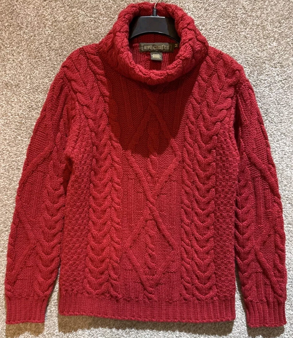 Inis Crafts Ireland Womens Red Merino Wool Knit Turtleneck Sweater Size Medium