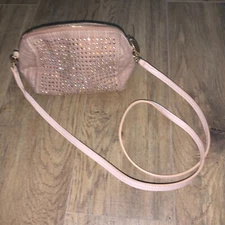 DEUX LUX SMALL SHOULDER CROSSBODY BAG  PURSE w LONG STRAP in TAN LINEN-STUDDED