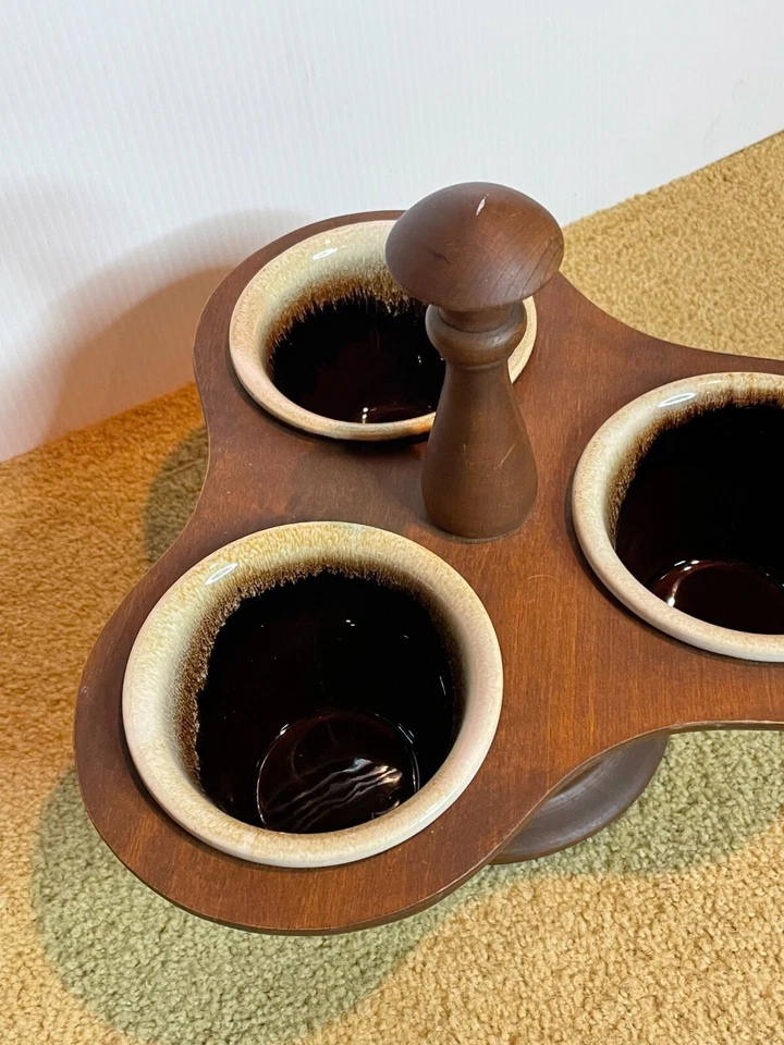 MCM 70s USA Pottery Brown Drip Glaze Stoneware Condiment Caddy Wood Lazy Susan - Image 4 of 4