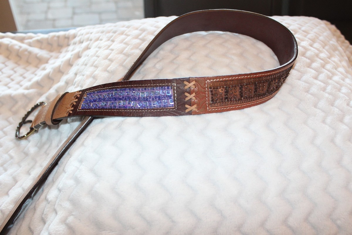 CHICO\'S BEADED LEATHER BELT SMALL VTG Chicos Belt Rhinestones, Beads, Studs, Lg Silver... | Depop main image 2