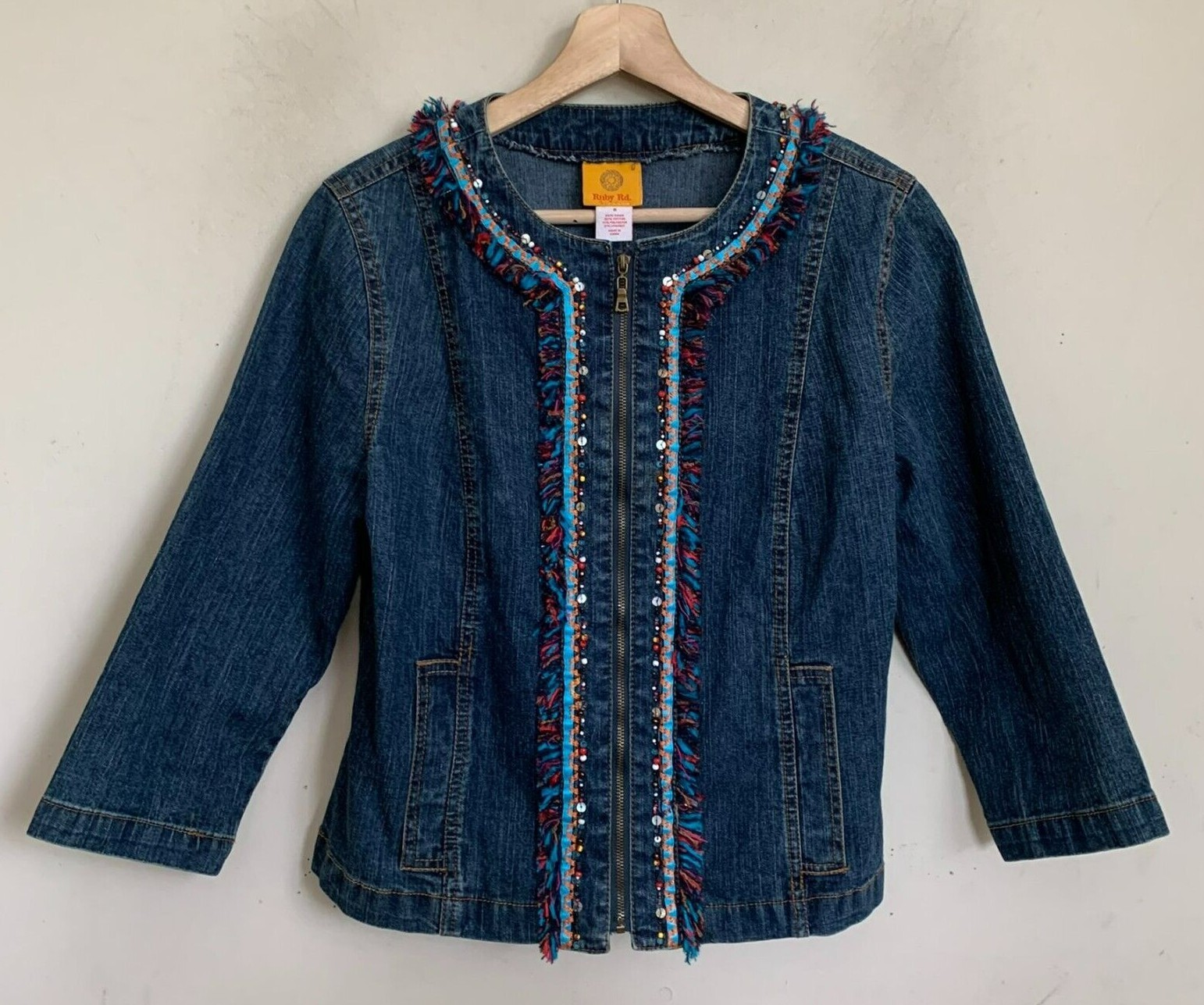 Ruby Rd Jacket Blue Denim Collarless Multi Bead T… - image 1