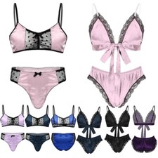 Mens Sissy Bra Sets Satin Bikini Bralette with Briefs Crossdress Lingerie Suits