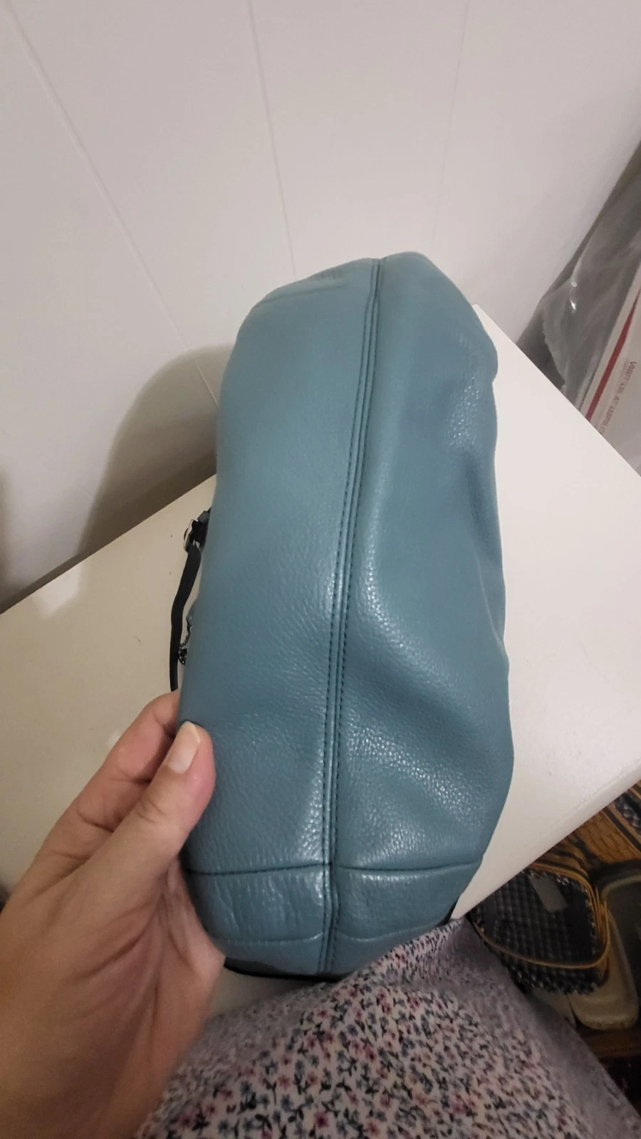 Borsa a tracolla Coach 27003 Avery Robin's Egg in pelle turchese con coulisse secchiello