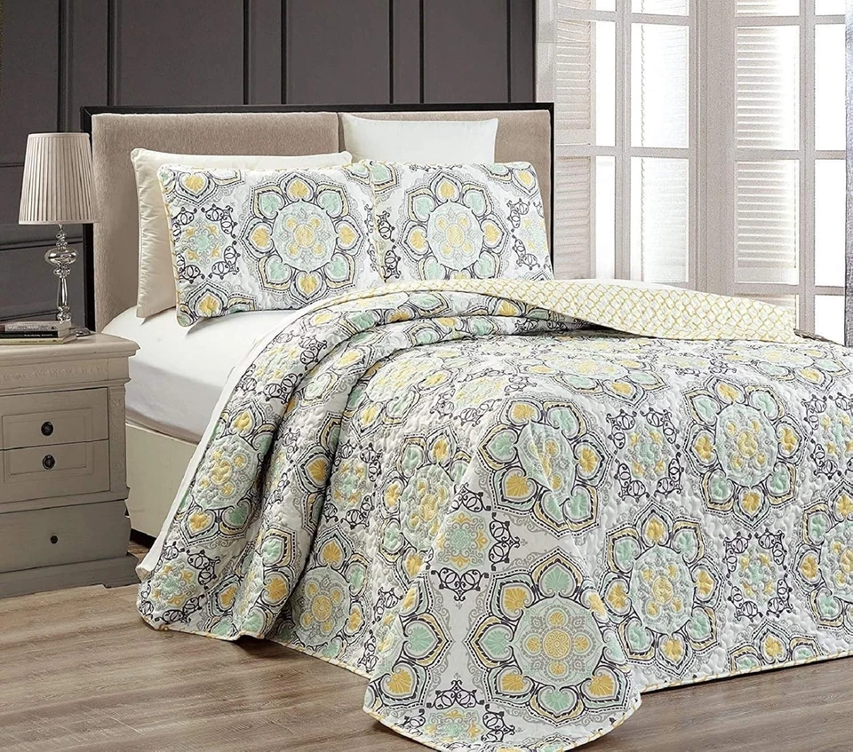 Machine Washable 3-Pc Microfiber Bedspread Set - Yellow Medallion for Any Season - Image 2 of 2