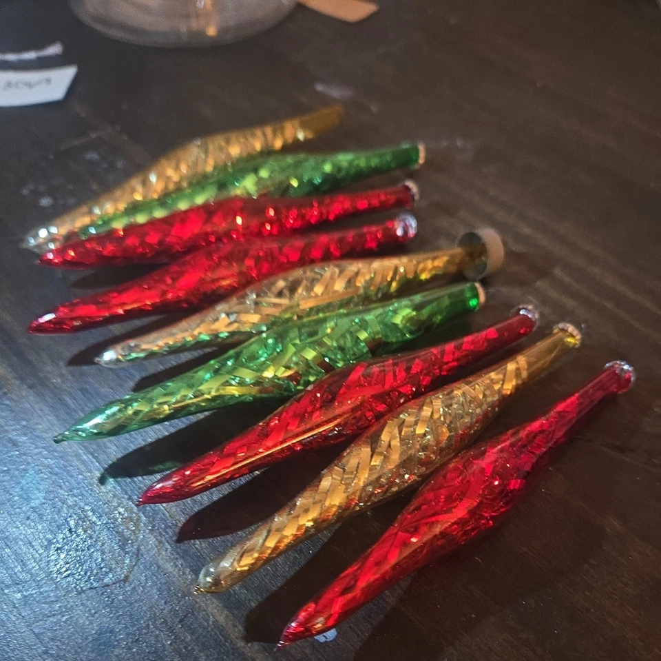 Oropel interior vintage de 9 oropel de vidrio soplado sin plata verde rojo dorado Foto 2 de 4