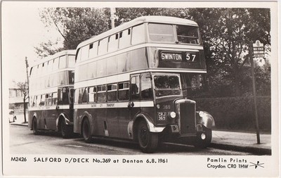 1961 unbenutzte RP Postkarte Salford Doppeldeckerbus in Denton in gutem Zustand