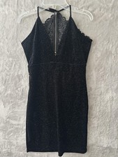 Love Culture Dress Womens Large Black Velvet Rhinestone Lace Halter Mini Bodycon