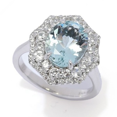 Gem Treasures Sterlingsilber 3,30ctw Aquamarin & Zirkon Heiligenschein Ring