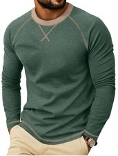 Mens Cotton Shirts Long Sleeve Casual T-Shirts Crew Neck Soft Shirts Green