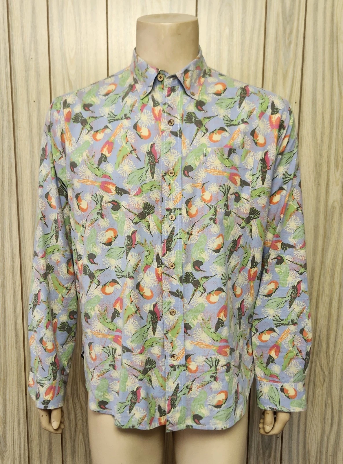 men's Flusser shirt L blue cotton birds flowers button-down