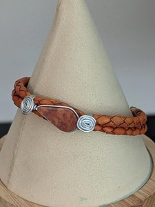 Handcrafted Brown Braided Leather Bracelet with Stone and Silver Wire Accents