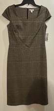 Nine West Plaid Sheath Dress Brown Beige Black Zip Square Neck Short Sleeve M