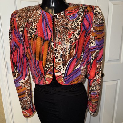 Gorgeous Vintage 80 s Lillie Rubin Sz 8 Silk Sequin Crop Bolero Jacket Shrug Top