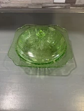 Jeanette Depression Glass Green Uranium Covered Bowl Adam Pattern Casserole EUC