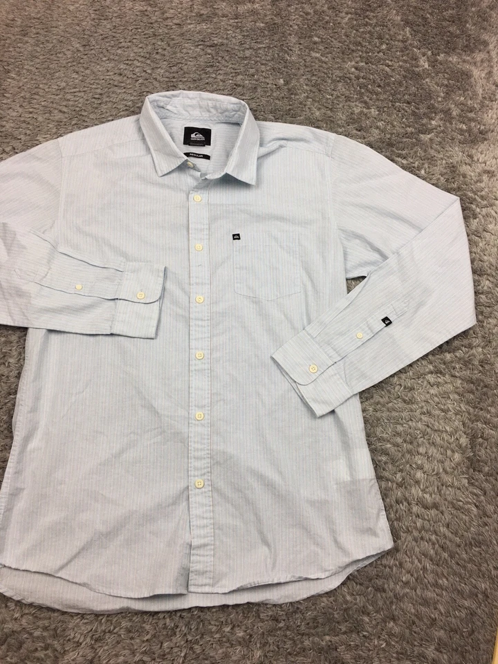 Quiksilver Button Up Shirt Mens Size Small Blue Striped White Long Sleeve - Image 2 of 4