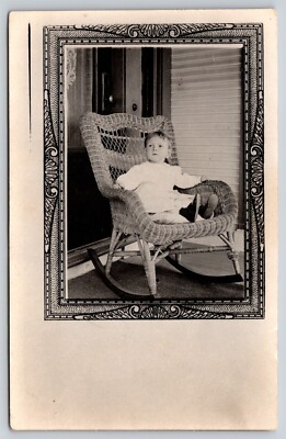 Child In Rocking Chair Postcard RPPC Young Child in Wicker Rocking Chair on Porch Real Photo ...