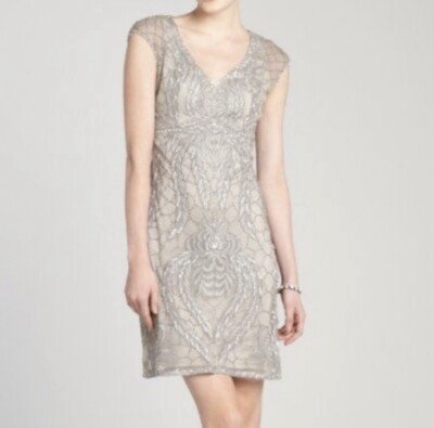 Sue Wong Sequin Beaded Mesh Cap Sleeve Cocktail Dress In Gray Silver Size 2  | eBay